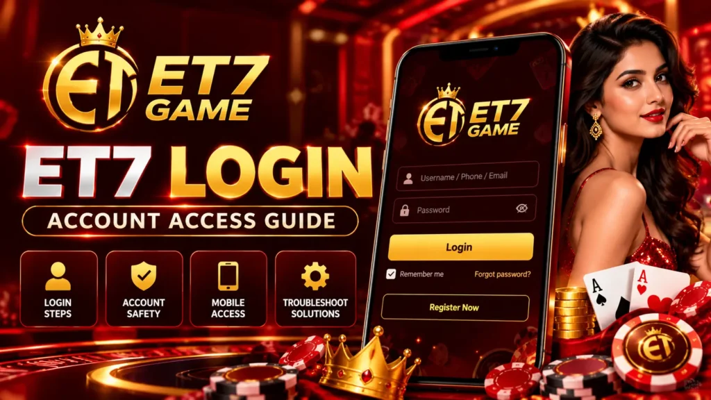 ET7 Login guide banner with a smartphone and red and gold account access design